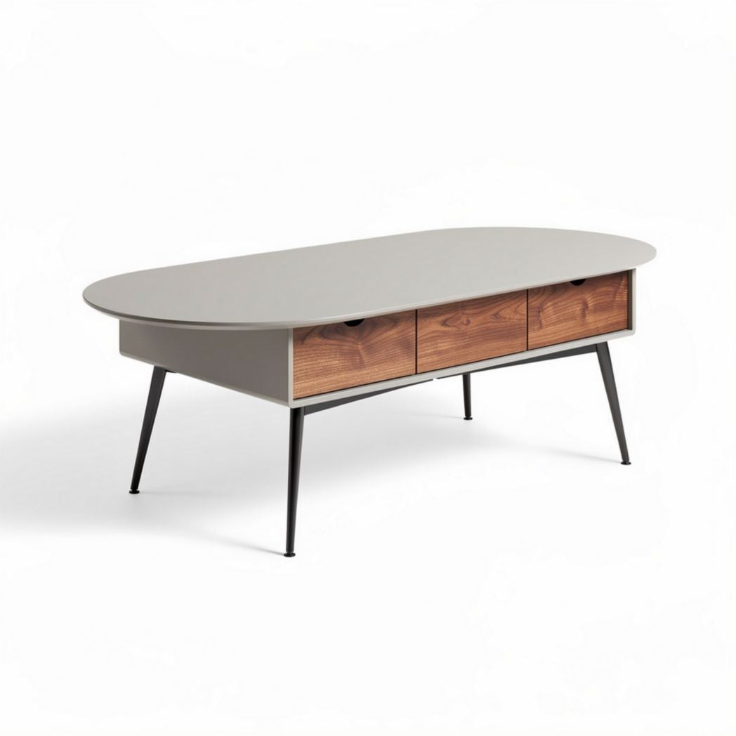 Oval coffee table with three storage drawers gray and wood 150 x 75 x 45cm