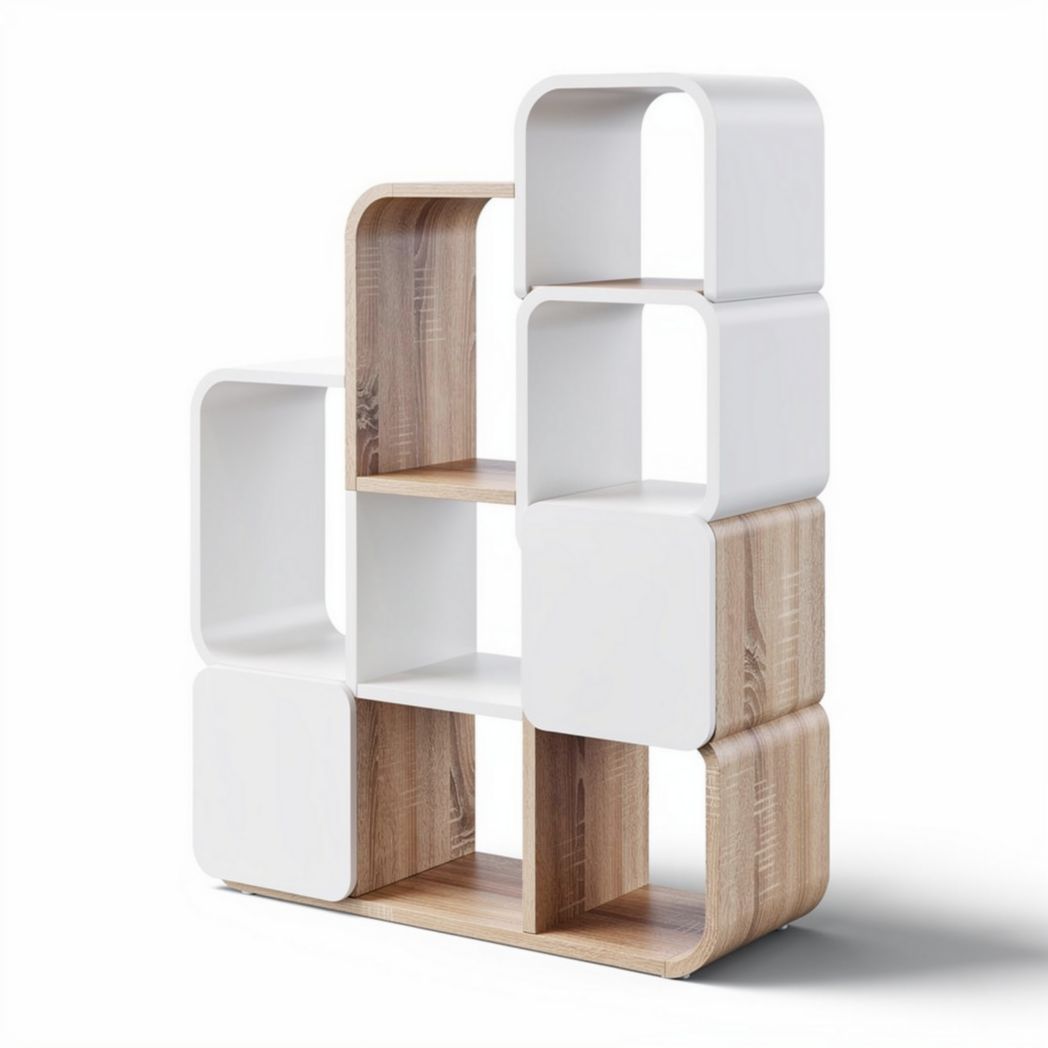 Modern geometric bookshelf in white and wood finish 80 x 30 x 150cm