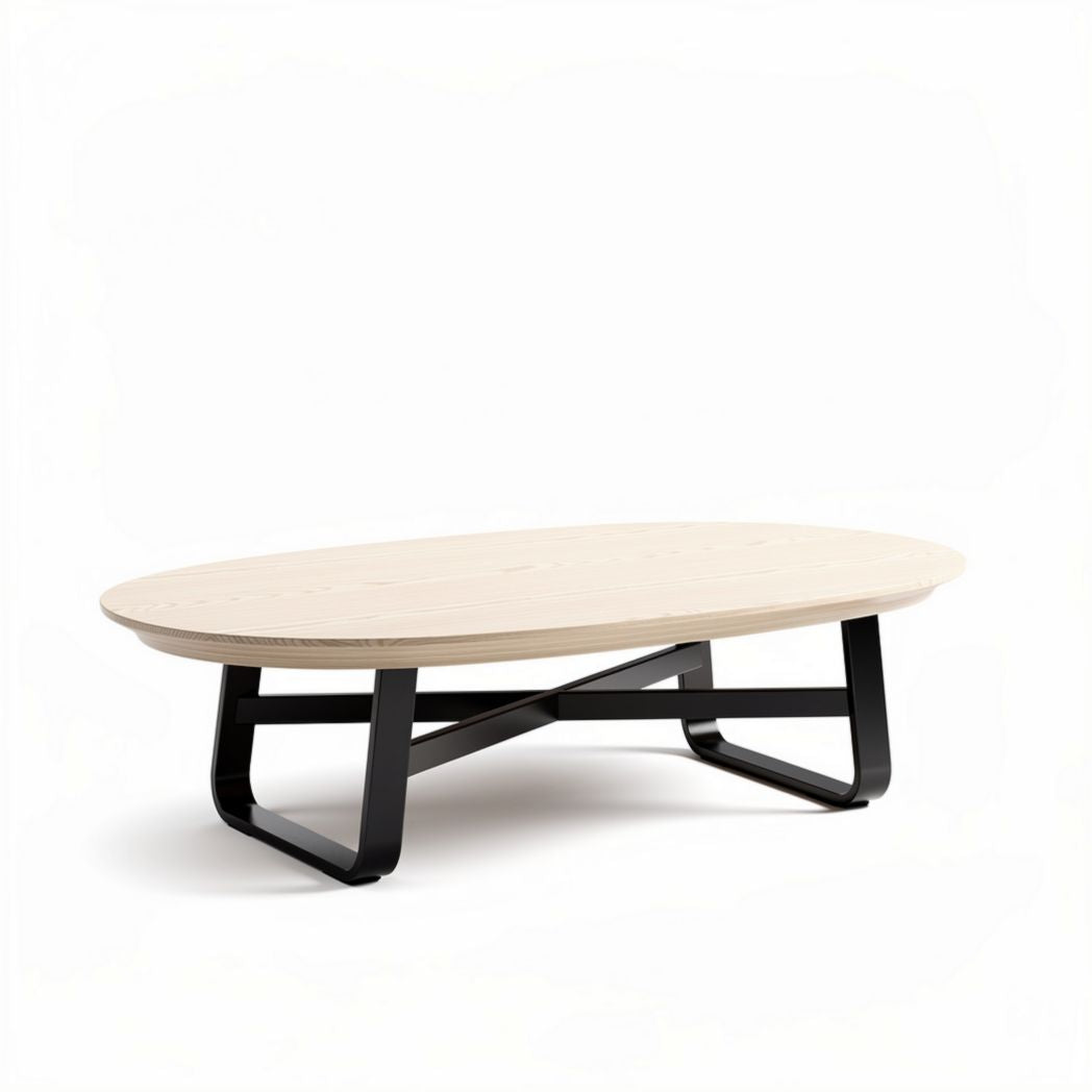 Oval coffee table with wooden top and metal base 120 x 80 x 40cm