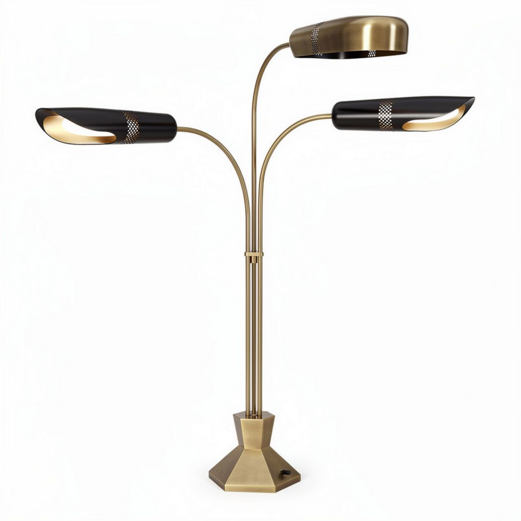Three-headed modern floor lamp with adjustable brass and black finish 25 x 25 x 150cm