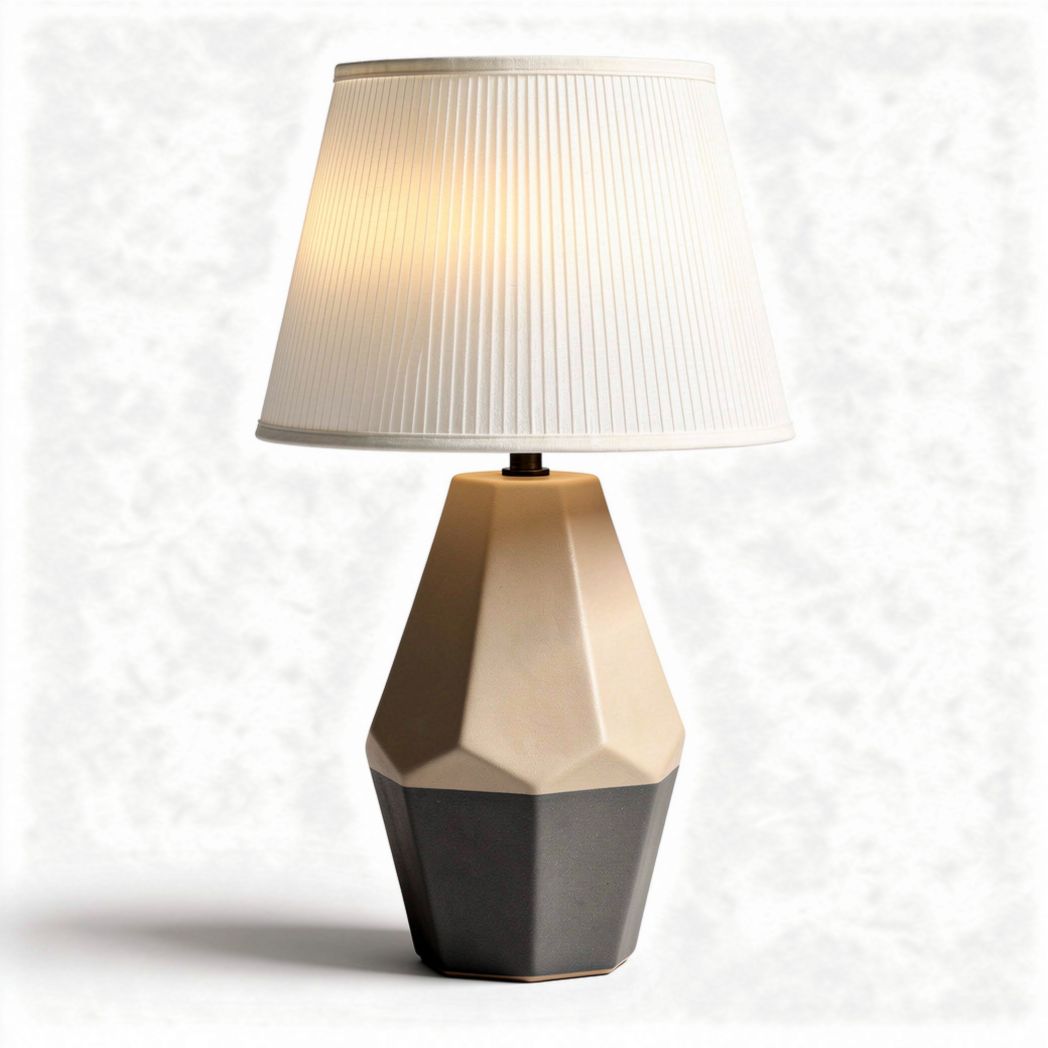 Geometric table lamp with fabric shade in beige and gray 20 x 20 x 40cm