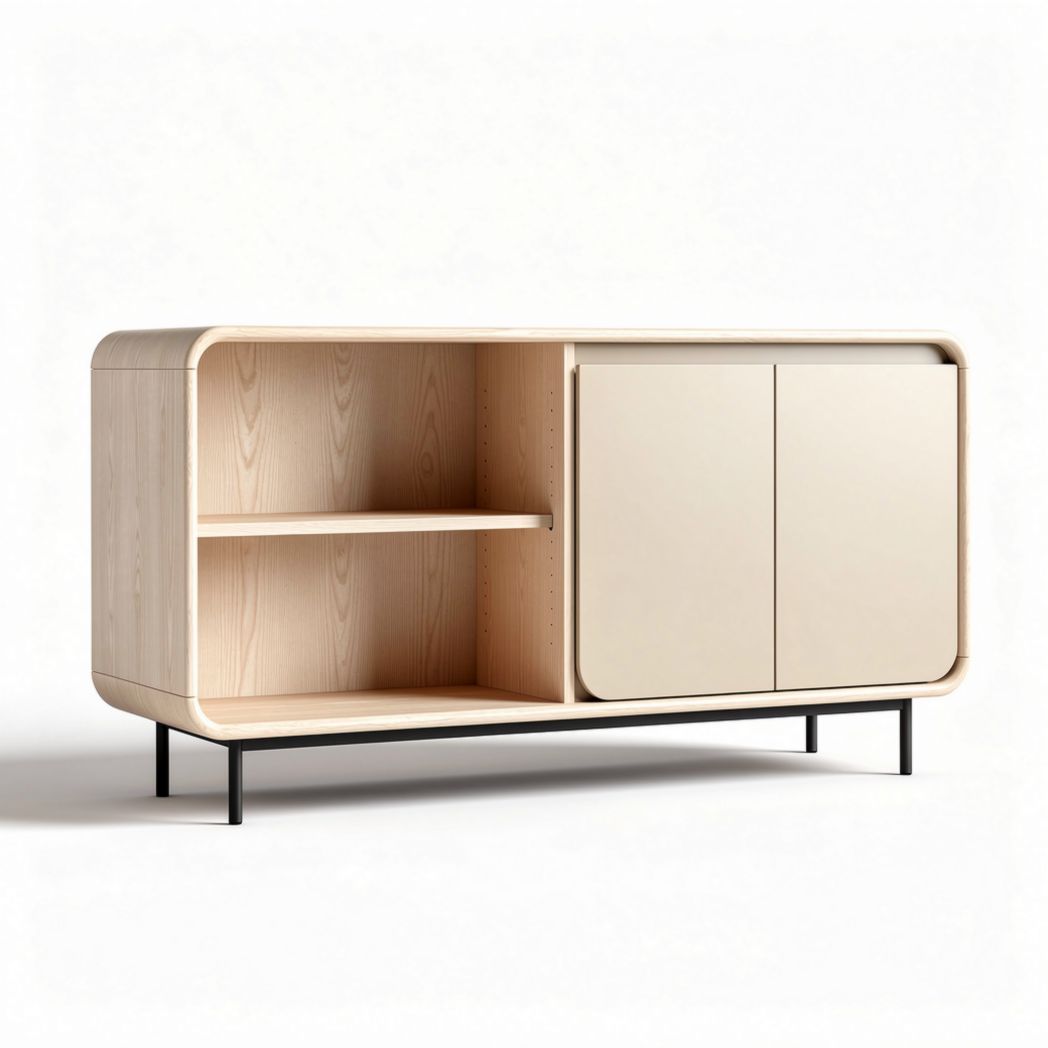 Wooden sideboard with sliding doors and open shelf 150 x 40 x 70cm natural finish