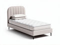 Twin size upholstered bed frame with mattress and two pillows in light gray