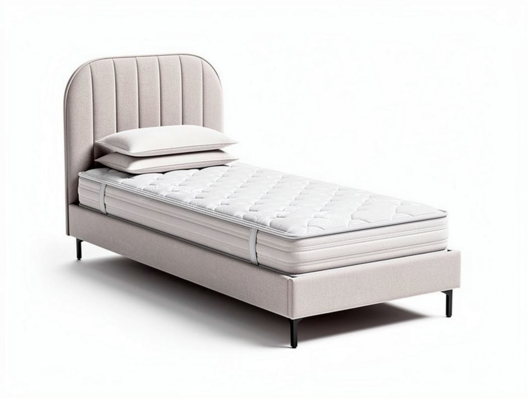 Twin size upholstered bed frame with mattress and two pillows in light gray