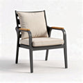 Aluminum outdoor lounge chair with beige cushion and wood armrests