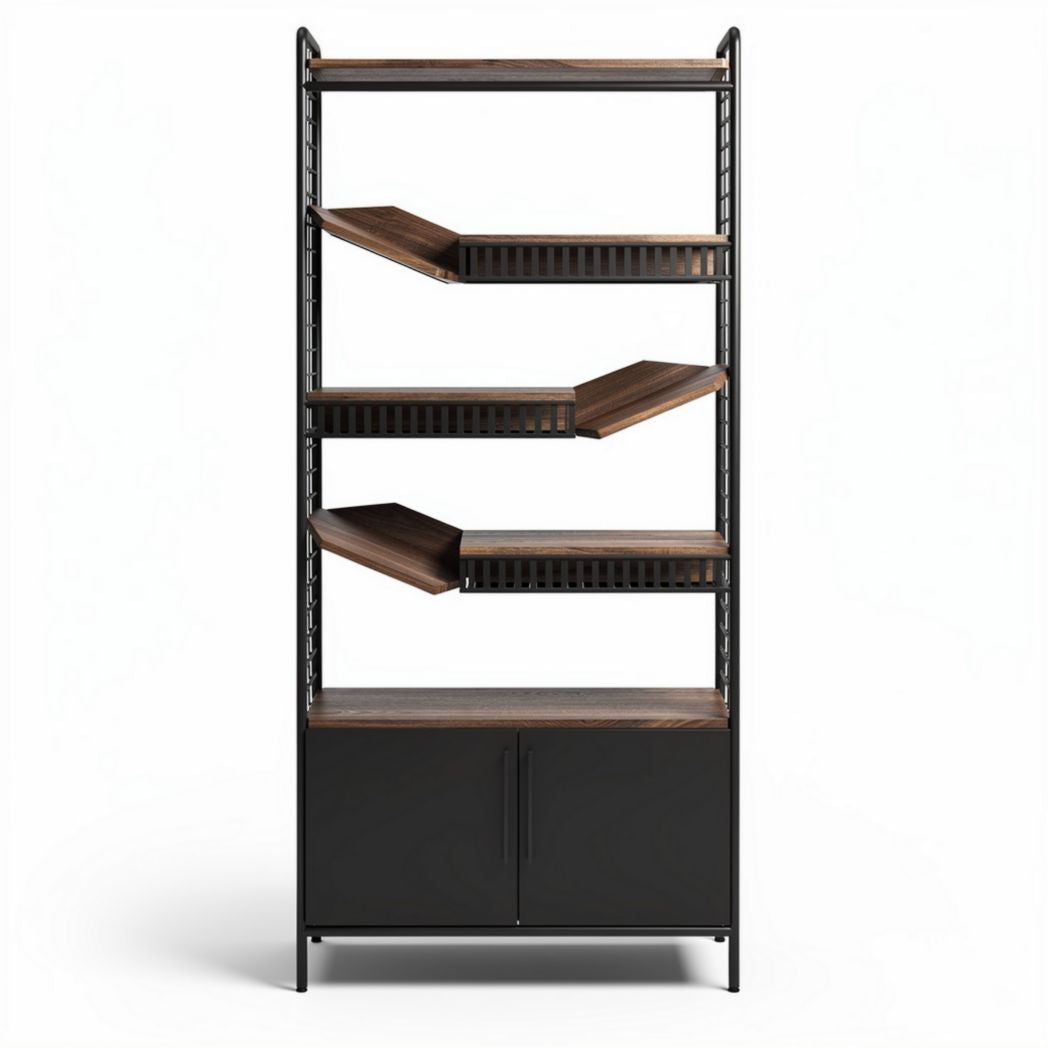 Metal and wood shelving unit with five angled shelves and cabinet 180 x 80 x 40cm